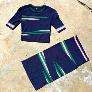 TOPSHOP two piece knit top and pencil skirt set in blue with pink/green stripe S